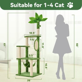 TSCOMON 61" Cat Tree for with Green Leaves, Multi-Level Large Cat Tower with Hammock, Plush Cat House with Hang Ball Toy and Sisal Scratching Posts Furniture, Green