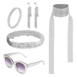 AUTOWT Women 70s Disco Accessories, 5 Pcs Disco Ball Jewelry Costume Set Decorative Supplies with Sunglasses Bracelet Sequin Scarf Sequin Headband Earrings for Dance Party Performance (Silver)