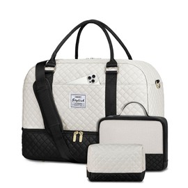 Travel Weekender Bags for Women: Duffle Bag for Women with Shoe Compartment Carry On Overnight Bag with Toiletry Bag & Wet Pocket Large Tote Bag Hospital Bag for Women Labor Delivery Black White