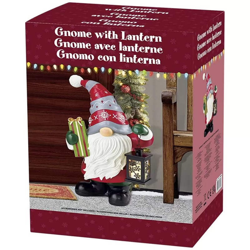 27-inch Holiday Gnome Greeter with LED Lit Lantern with Timer