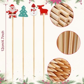Bekeify Pack of 200 Cocktail Sticks with Four Christmas Patterns, 12 cm Wooden Cocktail Sticks, Fruit Skewers, Toothpicks, Cocktail Picks, Finger Food, for Wedding, Christmas, Party, Cocktail