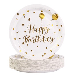 50 Pack Happy Birthday Party Paper Plates, 7 inch White and gold Metallic Foil Polka Dots Dessert Party Plates Tableware for Christmas Weddings Birthday Decorations Bridal Parties All Occasions