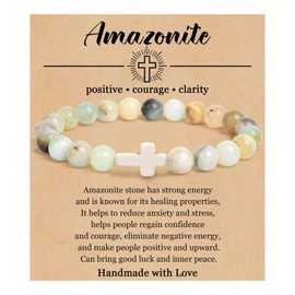 Cross Bracelet for Women Beaded Cross Bracelet WWJD Jesus Bracelets 8mm Natural Gemstone Crystal Bracelet Religious Christian Gifts for Women Trendy Stocking Stuffers
