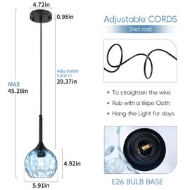 JHLBYL Blue Glass Pendant Light fixtures, Mini Glass Pendant Light Kitchen Island with Hammered Glass Modern Hanging Light Fixture for Kitchen Sink Dining Room Bathroom