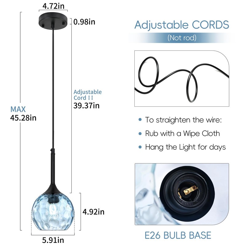 JHLBYL Blue Glass Pendant Light fixtures, Mini Glass Pendant Light