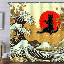 Funny Shower Curtain,Vintage Black Cat Red Sun Japanese Waves Illustration Boho Shower Curtains Set, with Hooks for Bathroom Accessories Bathtub Curtain,71X71 Inch.