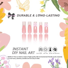 Press on Nails Long Square MABKJLF Pink French Tip Fake Nails 5D Bow False Nails with Pearl Nail Tip Designs Cute Acrylic Nails Full Cover Glossy Glue on Nails Artificial Nails for Women Girls 24Pcs