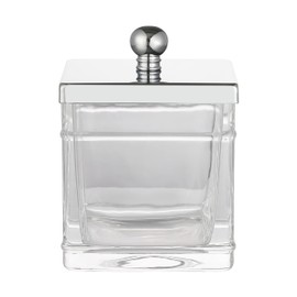 Indecor Home Apothecary Glass Cotton Jar Holder – Silver Stainless Steel Lid, Elegant Bathroom Storage Canister for Qtips, Cotton Balls, Floss, Makeup Organizer, Vanity & Bathroom Organization