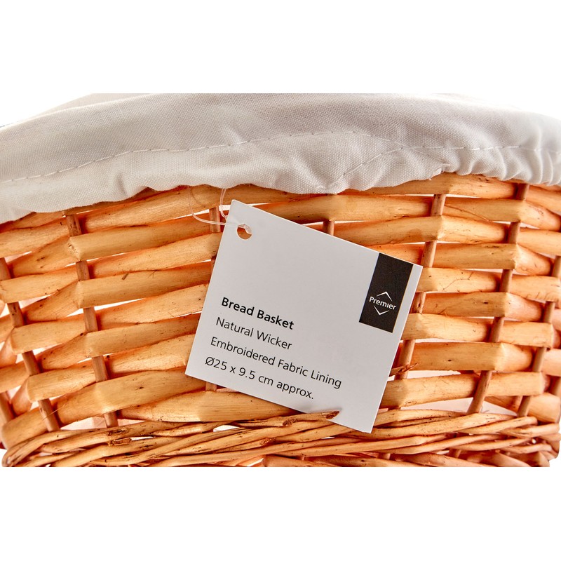 Premier Housewares Wicker Bread Basket with Cream Fabric Lining, 10