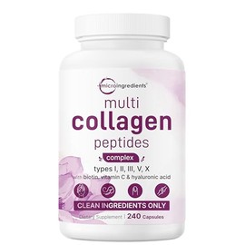 Micro Ingredients Multi Collagen Píldoras, 240 cápsulas | Tipo I, II, III, V, X | Péptidos hidrolizados con biotina, ácido hialurónico y complejo de v
