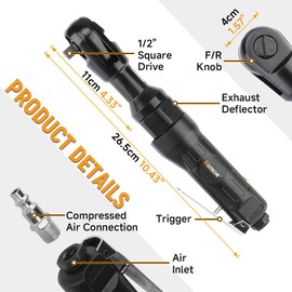 Hoteche 1/2-Inch Air Ratchet Wrench, 65 Ft-lb Max Torque Pneumatic Ratchet Tool, High Speed Professional Air Powered Socket Wrench for Automotive Repair and Tight Spaces, 1/4" Air Inlet