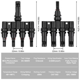 URAQT Solar Panel Connector, 1 Pair 4 to 1 T Branch Parallel Adapter, MFFFF/FMMMM, Professional Solar Cable Joint, IP67 Waterproof for Solar Panels Parallel Connection