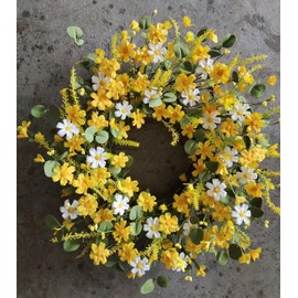 LSKYTOP 24Inches Artificial Yellow Daisy Wreath with Green Eucalyptus Leaves and Lavender Spring Summer Wreath for Front Door Wall Decor