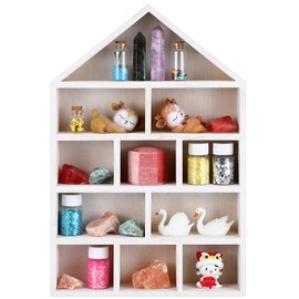 Threehoney House Shaped Wooden Shadow Cubby Box 10 W x 2 1/4 D x 15 H Hanging Display Shelf Organizer Wall Mounted Curio Cabinet Wooden Display Case Miniature Display Shelf for Figures (Wood Color)