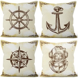 Aoihrraan 20 x 20 Inch Mediterranean Style Cushion Covers Retro Nautical Anchor Rudder Sailing Ship Nostalgic Square Linen Throw Pillow Covers Bedroom Outdoor Garden Sofa Couch, 51x51cm Set of 4