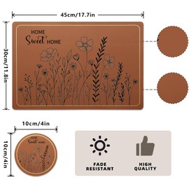 Faux Leather Placemats Set of 4 for Kitchen Table, Wildflower Place Mats with Coasters Waterproof Non-Slip Table Mats 18"×12" Brown