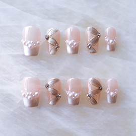 Press-on False Nails, medium ballerina Cat Eye Silk Ribbon with French Manicure, Glitter Finish, Pink/White Ombre, 10 Pieces (Medium, MB)