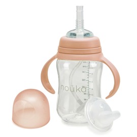 nouka Tritan Plastic Transitional Sippy Cup with Weighted Straw | Leak Proof and Easy Grip | Removable Handles | Soft Blush