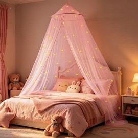 WIYIXI Glowing Stars Pink Bed Canopy for Princess Netting Room Decor Canopy for Girls Bed Mosquito Net Canopy Bed for Twin Full Queen Bed Curtains Hanging Ceiling