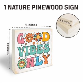 Pine Wood Block Sign, Good Vibes Only, Rustic Wooden Plaque For Living Room, Groovy Tabletop Decor, Farmhouse, Home & Office Decorations (4" X 4" X 0.8") - F06
