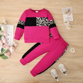 Tikoubabe Toddler Girl Clothes Baby Sweatshirt Leopard Fall Winter Outfits Long Sleeve Tops Pants Set 2 Pcs rose red 2-3 Years 100CM