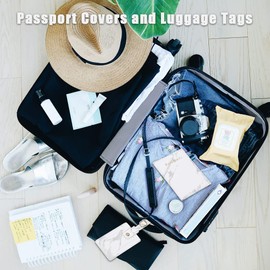 EiEiFiFi 2 Pcs Set Marble PU Leather Cover and Labels Protective Cover Passport Holder Travel Suitcase Tag Case Organizer Passport Covers and Luggage Tags for Passport Boarding Passes Credit Card