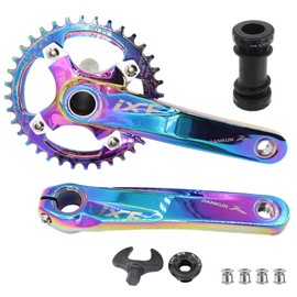 DJC Bike Crankset 104BCD with Chainring BSA Bottom Bracket with Spindle for MTB 1x 2X 3X Speed Mountain Bike Black Red Oilslick 170mm 175mm (170mm Oilslick, Round 36T)