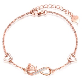 MicLee Bracelet elegant for womens and girls, 925 sterling silver bracelets, Infinity symbol-Rose flower bracelet, link with heart, Inlaid zircon, adjustable chain, rose gold