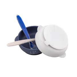 PAPU BABY Set de 2 tazones/bowl/plato y cucharas de Silicón 100% grado alimenticio con base de succión. Libre de BPA (Blanco Mármol/Azul Marino)