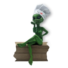 Alien Invasion “Kiss The Cook” Female Alien Statue with Chef’s Hat 10 “ H Alien Figurine Shelf Sitter Funny Kitchen or Home Decoration (Greren)