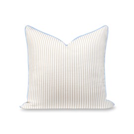 Hofdeco Premium Coastal Hampton Patio Indoor Outdoor Throw Pillow Cover Only, 20"x20" Water Repellent for Backyard, Couch, Poolside, Neutral Tan Blue Print Stripes