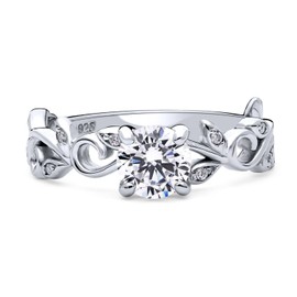 Rhodium Plated Sterling Silver Cubic Zirconia CZ Solitaire Leaf Filigree Promise Ring Size 8.5
