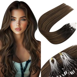 Sunny Hair Micro Beads Hair Extensions for Women Real Human Hair 1g/s Remy Hair Extensions Micro Link 50g Micro Loop Ring Extensions Human Hair Straight Dark Brown Balayage Chestnut Brown 18 inch
