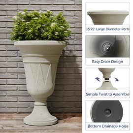 FONTOI 23.6" Tall Plastic Urn Planter (2-Pack) –Planters for Outdoor Plants with Drainage Holes & Trophy Design, Heavy-Duty Classic Indoor Large Flower Pots for Home Garden, Front Porch & Decor, White
