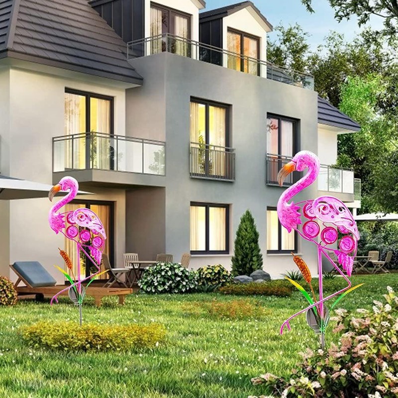 Outdoor Solar Garden Lights Hollow Metal Flamingo Lawn Light LED