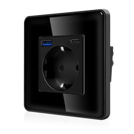 CNBINGO Single Socket with 2 x USB Ports (Max. 2.1 A, Type C and USB-A) - Simple Schuko Socket Flush-Mounted with 2.5D Curved Glass Plate - Wall Socket with Child Lock - 1 Compartment Black