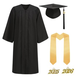 TOONRAIN Black Graduation Cap and Gown 2025 Matte Graduation Costume Tassel Topper Sash Set Adult Stole for High School Bachelor Robe 48"