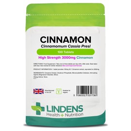 Lindens Cinnamon 3000mg Tablets - 100 Pack - Super Concentrated 30X Extract Equivalent to Half A Teaspoon of Cinnamon Spice - UK Manufacturer, Letterbox Friendly