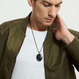 COAI Men's Viking Jewelry Wolf Necklace Black Obsidian Necklace, Stainless Steel Box Chain 24"