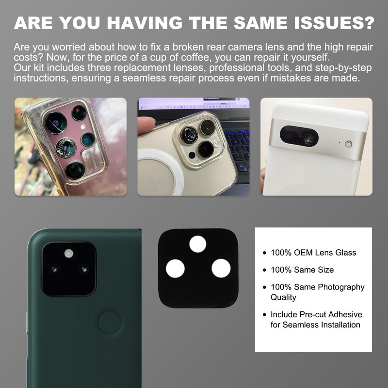 3 Pack for Pixel 5a Back Rear Camera Lens Glass