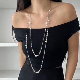 ALRNBY Long Silver Necklace for Women Layered Pearl Flower Beaded Necklace for Women Gold Pearl Beaded Dainty Boho Vintage Chain Necklace Y2k Jewelry Sunmmer Vacation Jewelry Gift Trendy