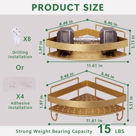 YEMNMFH Corner Shower Shelves - 2 Tier No Drilling Shower Caddy Adhesive, Stainless Steel Shower Organizer with 4 Hooks, Wall Mounted Shower Rack for Inside Shower Corner Shelf, Gold Floating Shelves