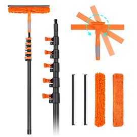 Msnaile Window Washing Kit with Extension Pole 4.7 to 24FT, Long Squeegee for Window Cleaning Indoor Outdoor, Carbon Fiber Telescopic Pole for Window Cleaner Tool with Microfibre Pad & Chenille Cloth