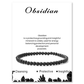 LOCCY Crystal Bracelet for Womens, 4mm Natural Stone Bracelet Stretch Gemstone Stone Bracelets Yoga Beads Bracelets for Women Men for Birthday Christmas Valentine's Gifts (Obsidian)
