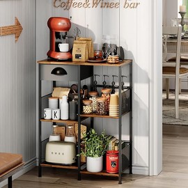 X-cosrack Farmhouse Small Coffee Bar with Drawer, 5-Layer Staggered Coffee Stand Station for Small Space, Microwave Stand for Kitchen, Rustic Wood Bakers Rack with Storage for Living Room, Room Cafe