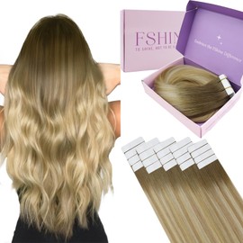 Fshine Tape in Hair Extensions Chestnut Brown Fading to Honey Blonde and Platinum Blonde Invisible Seamless Glue in Straight Hair Extensions 16 Inch 50g