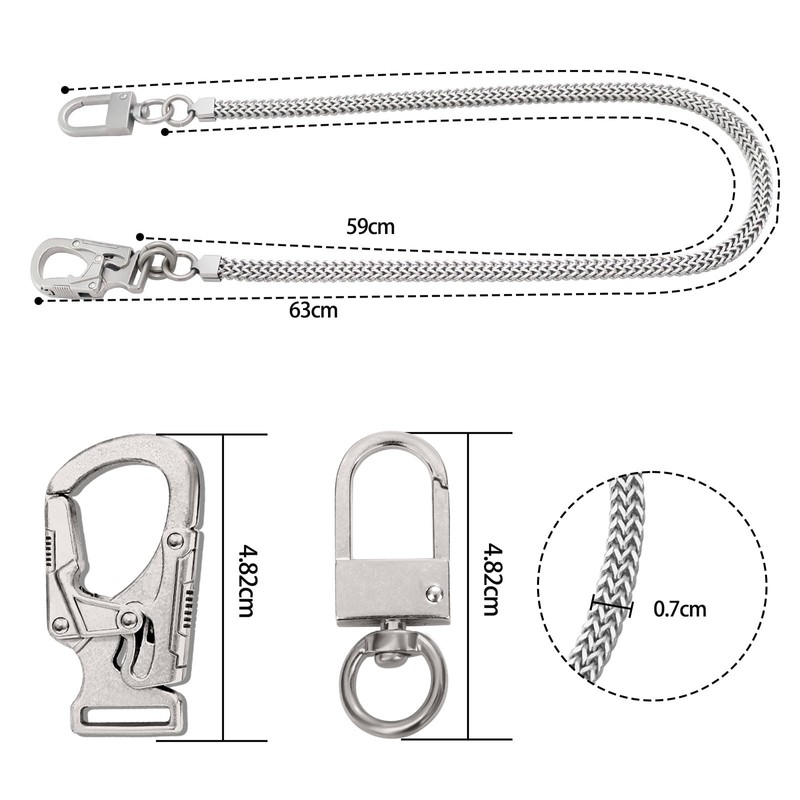 Ahiller 25インチ ステンレススチール ウォレットチェーン&キーチェーン 合金ダブルロックカラビナクリップ付き パンクスタイルメタルデザイン オートバイライダー、バイカーギア、財布アクセサリー用 (BK-シルバー)