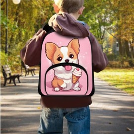 Yruonazao Pink Corgi Backpack for School Girls Bookbag with Lunch Box with Pencil Box Portable Book Bags for Teenage Girls Insulated Lunch Box Set for School for Boys Starting School Gifts for Kids
