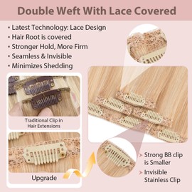 Silk-co Clip in Hair Extensions Real Human Hair Extension Double Weft With Lace Coverd Clip in Silky Straight Very Thin Highlight efffect for Women 6PCS 6Clip 16In #18P613 Ash Blonde&Bleach Blonde 40g
