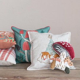 Creative Co-Op, Multicolor Cotton Velvet Embroidered Mushrooms Shaped Pillow